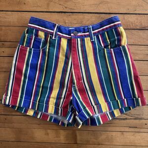 Vintage 90s Multicolored Striped Denim High Waisted Women Shorts Size 26